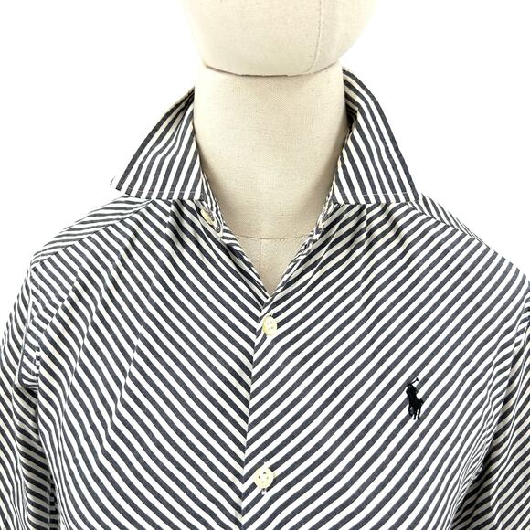 Y2K Ralph Lauren Sport Grey White Striped Preppy Button-Down Shirt - Picture 2 of 8
